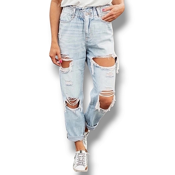 KanCan acid wash high paperbag waist relaxed thigh ripped Mom jeans 15/31 NWT - Picture 1 of 16
